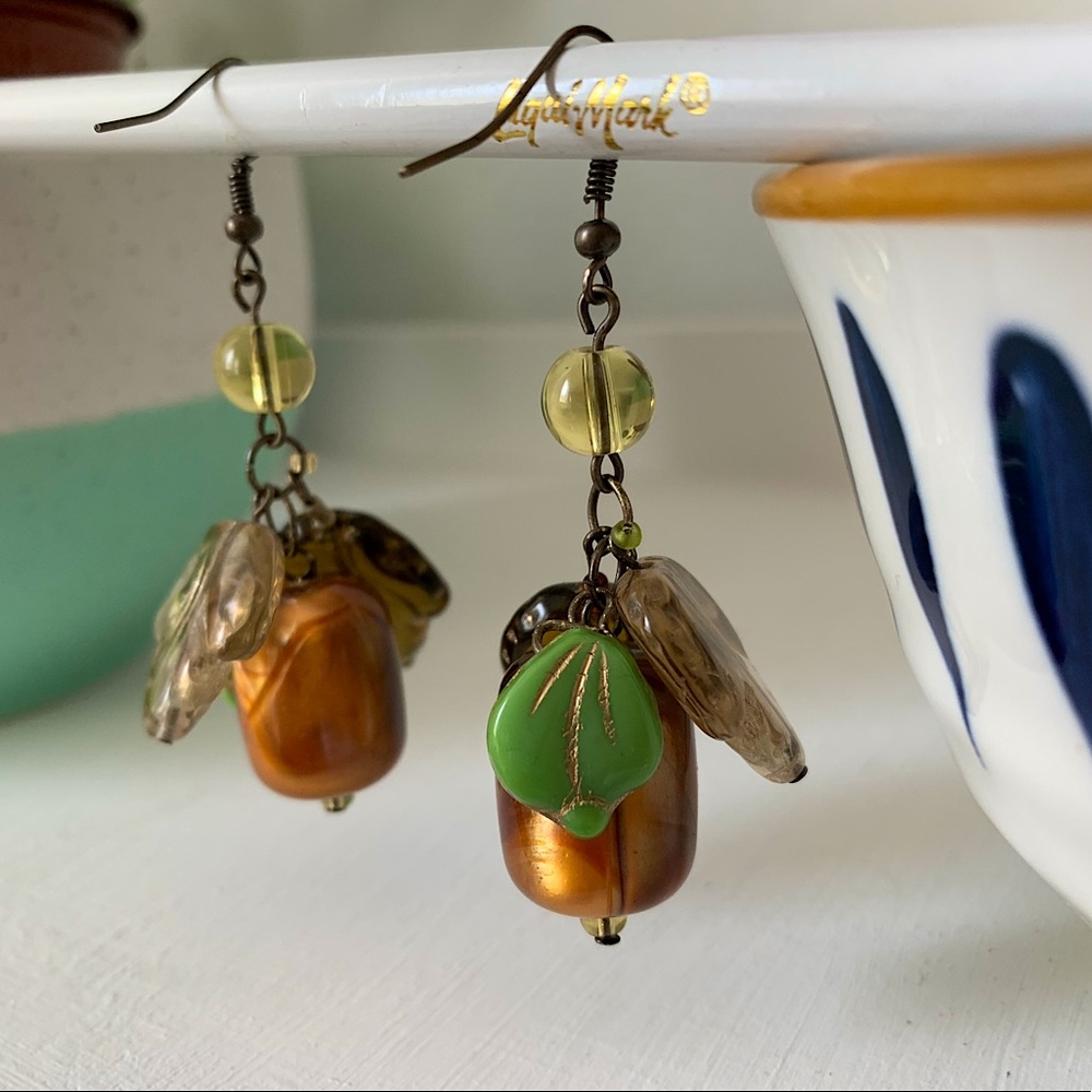 Glass and resin leafy acorn drop earrings nature woodland earrings